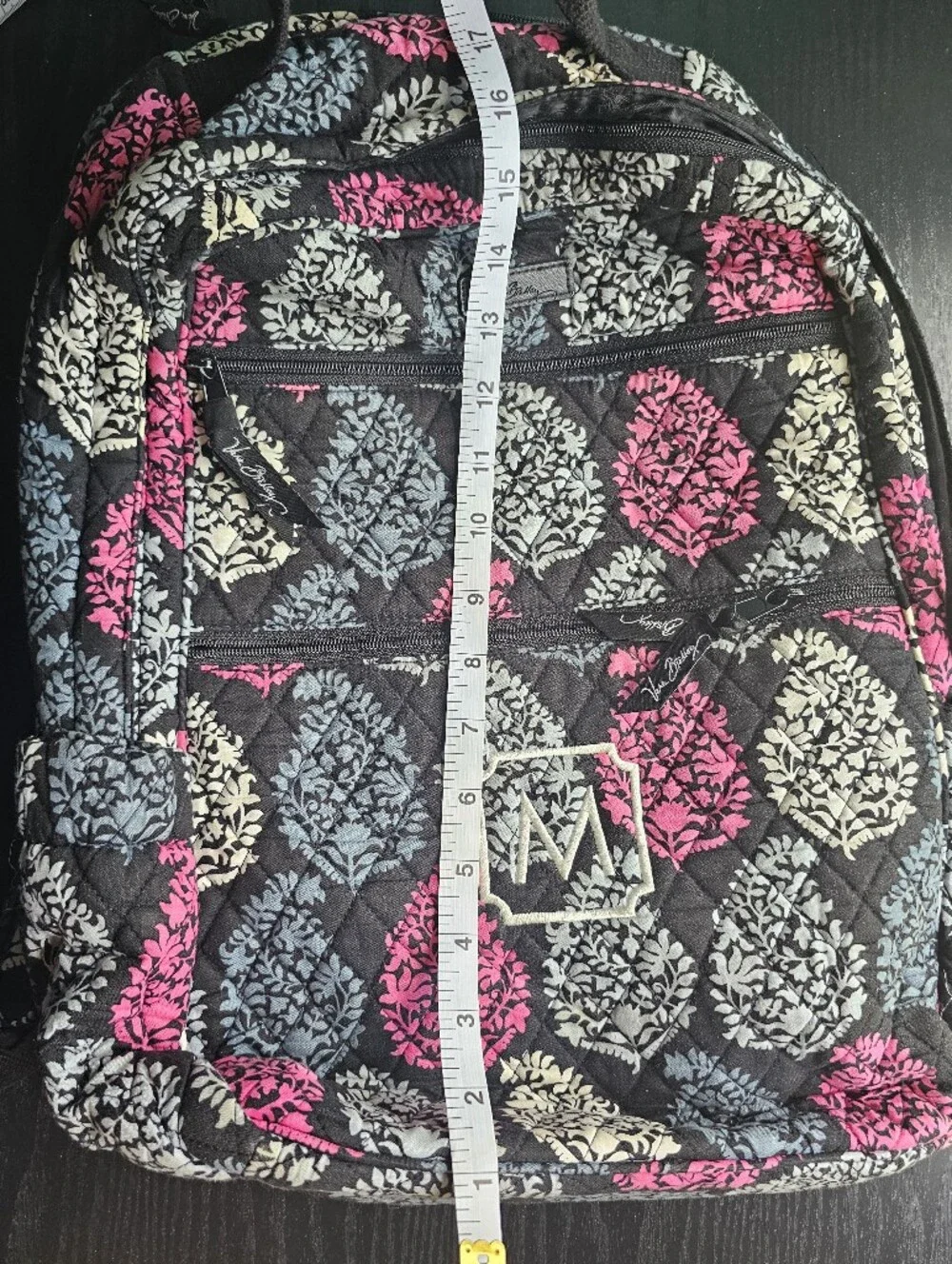 Vera Bradley Black Quilted Backpack with Pink & Gray Leaf Print OS